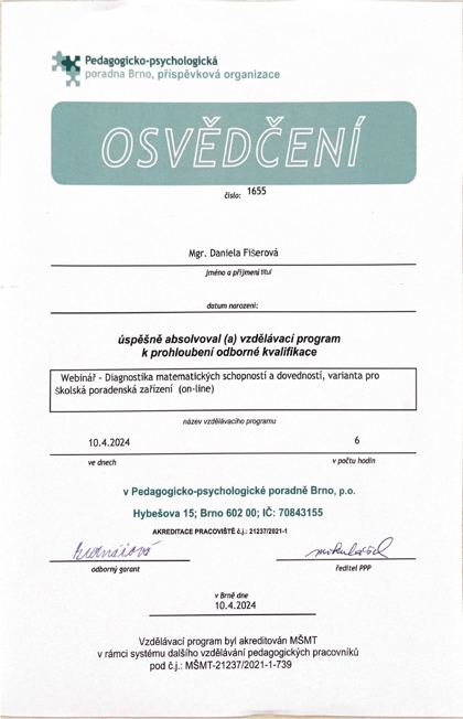 Osvědčení: Diagnostika matematických schopností a dovedností