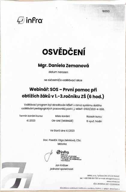 Osvědčení: SOS – První pomoc při obtížích žáků v 1.–3. ročníku ZŠ