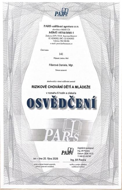 Osvědčení: Rizikové chování dětí a mládeže