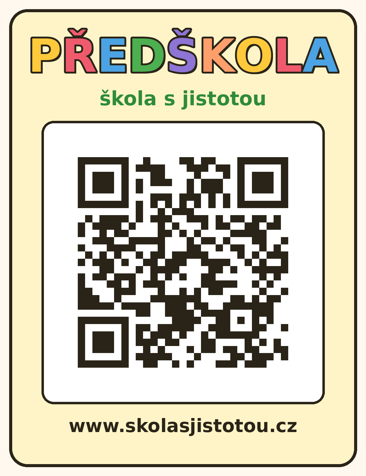 QR kód Předškola – kartička s odkazem na www.skolasjistotou.cz